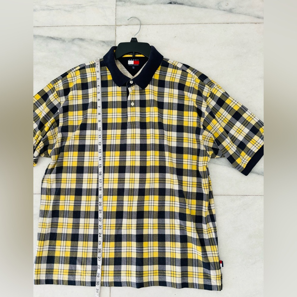 90s VTG Tommy Hilfiger Polo Shirt Yellow Blue Plaid Cotton Men XXL Preppy Grunge - Picture 5 of 9